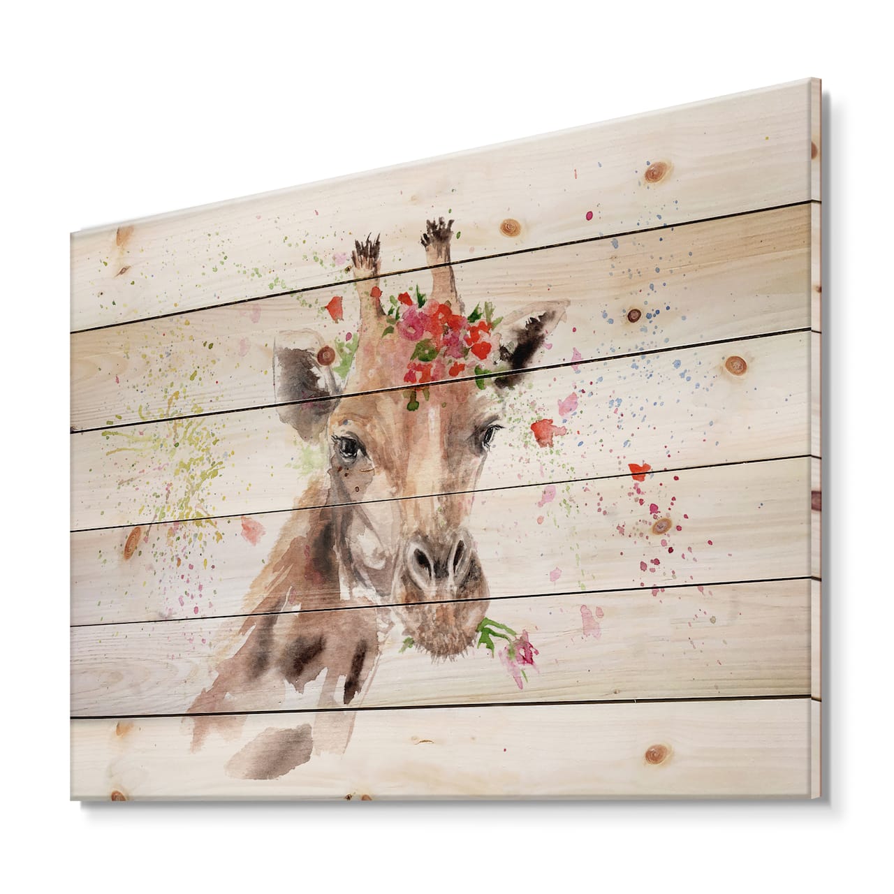 Designart - Portrait of A Giraffe With Flowers III - Farmhouse Print on Natural Pine Wood